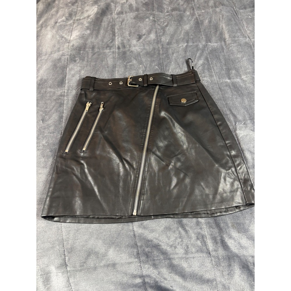 Forever 21 Womens Black Faux Leather Moto Mini Skirt Belted Asymmetrical Zip S